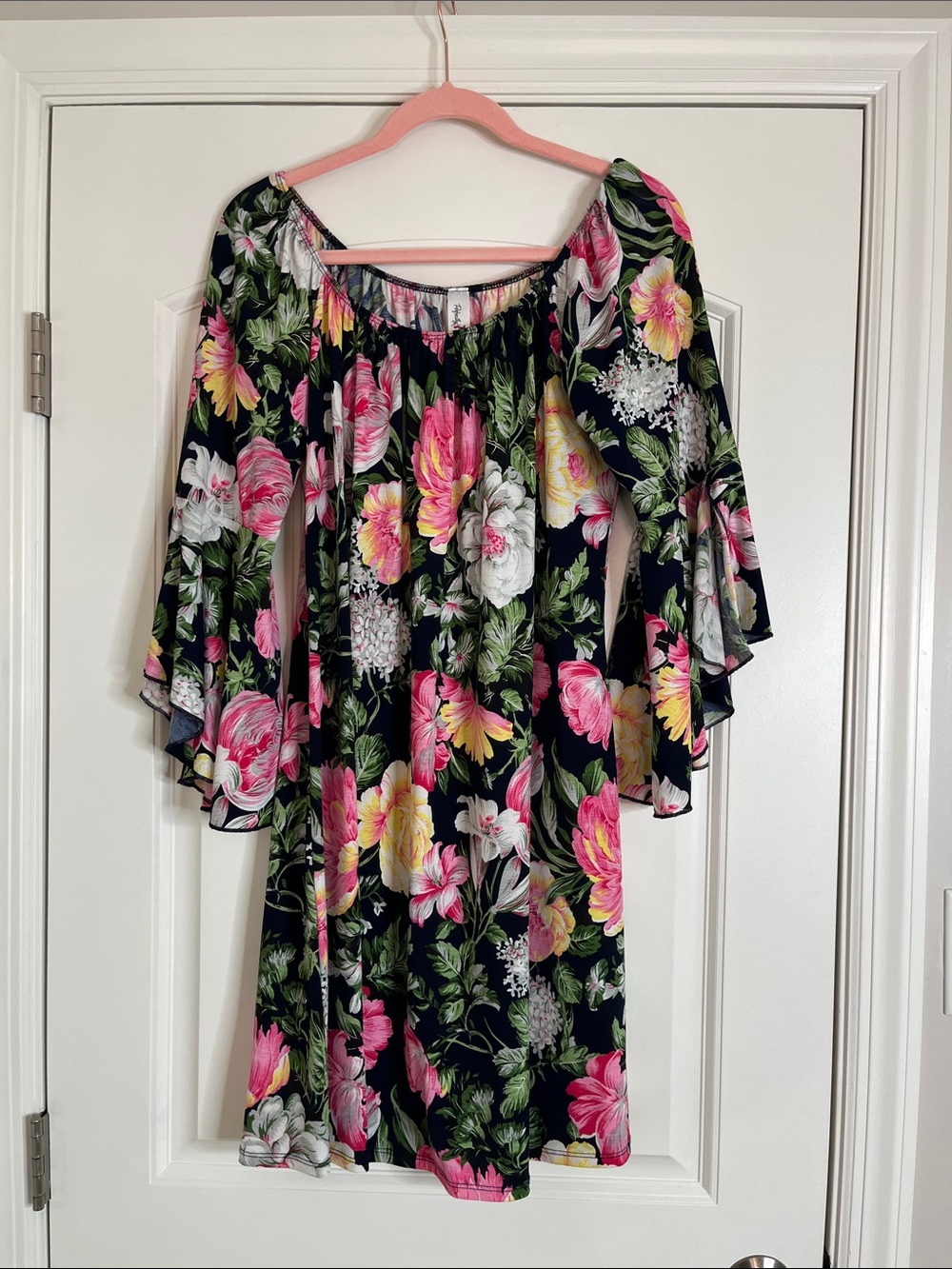 Perfectly Priscilla-Navy Floral Off-Shoulder Dress with Pink & Yellow Blooms-XL